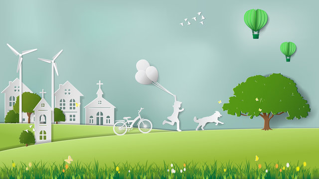 Paper folding art origami style vector illustration. Renewable energy ecology technology concepts, girl is running and holding balloons with her dog in green meadow park which full of wind turbine.