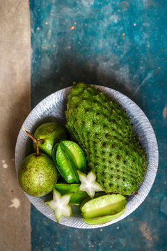 Exotic fruits on a metal plate