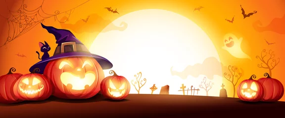 Fototapeten Halloween-Kürbis-Patch im Mondschein. Jack-O-Laternen-Party. Horizontales Banner. © ori-artiste