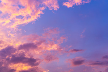 scenic view of beautiful blue sky with clouds that reflect on sun light from sunset in the evening time, magic hours, landscape and background concept.