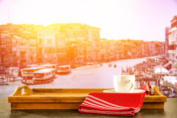sunset in venice at the wooden table Grand canal  