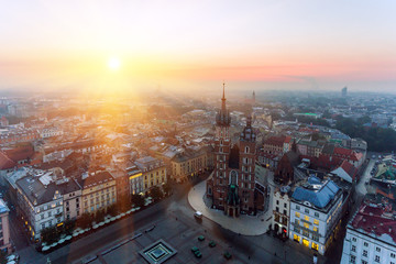 Naklejka premium Krakow Market Square, Aerial sunrise