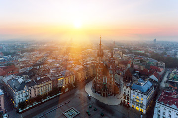 Fototapeta premium Krakow Market Square, Aerial sunrise