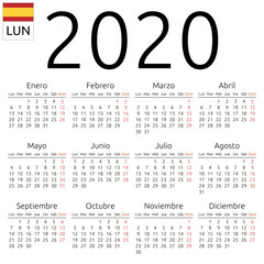 Calendar 2020, Spanish, Monday