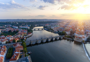 Fototapeta premium Aerial view of Prague city and Prague castle and River Vitava at day.