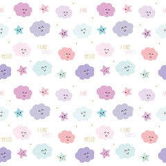 Fototapeta premium Cute pattern background with cartoon kawaii stars and clouds. For kids clothes, pajamas, baby shower design.