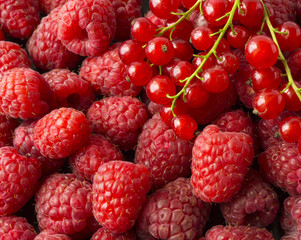 Background of raspberries and red currants. Fresh berries closeup. Top view. Background of red...