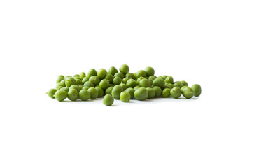 Green peas isolated on a white background. Vegetables with copy space for text. Fresh green peas on a white background. Studio photo. Isolated macro food photo close up from above on white background.