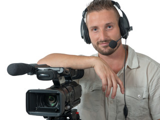 cameraman with professional camcorder and headphone isolated on white background