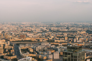 Fototapeta premium Aerial view of Moscow city panorama at sunset