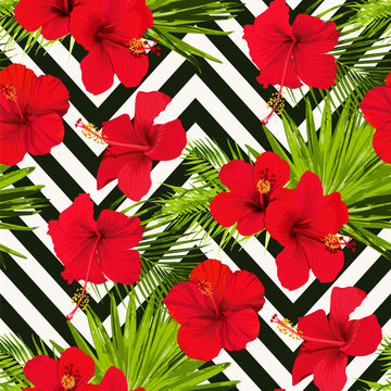 Hibiscus flower vector seamless pattern on a abstract chevron background flowered tropical textures
