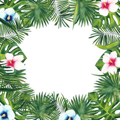 watercolor frame of tropical palm leaves and pink and blue hibiscus flowers © Анна Егорова
