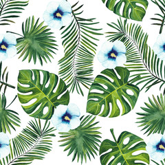 watercolor pattern of tropical palm leaves and blue hibiscus flowers