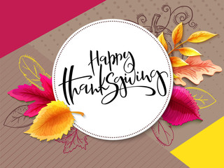 Vector greeting thanksgiving banner with hand lettering label - happy thanksgiving - with bright autumn leaves and doodle pumpkin, leaves and feathers - 222009793