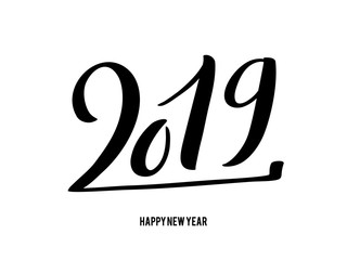Happy New 2019 Year. Vector illustration with lettering composition. Seasonal greetings cards for Christmas holydays.