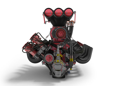 Red engine with supercharger front view 3d render on white background with shadow