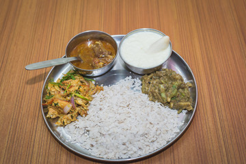 Nepali Style Snacks on the Plate with Meat ,Curd and Pickle.Khaja Set