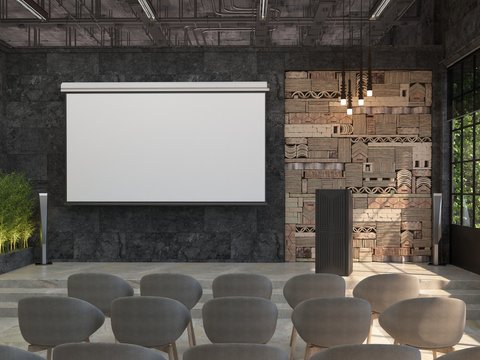 A meeting room with blank white screen for the projector on the black wall. The interior of the conference hall with a stage and a stand for performances. Loft style. 3D visualization.