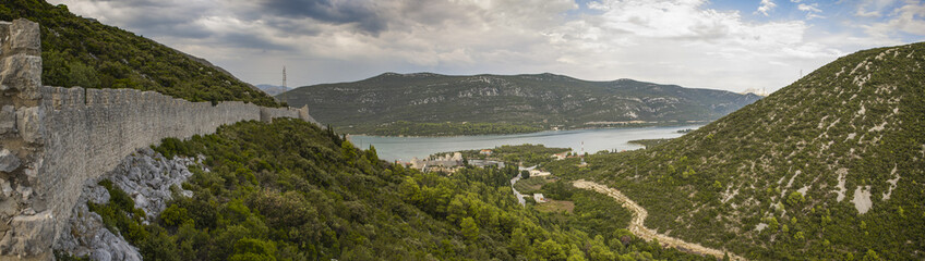 Mali Ston to Ston panorama. Medieval town Mali Ston in Dubrovnik area at the one end of the world...