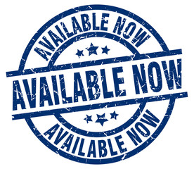 available now blue round grunge stamp