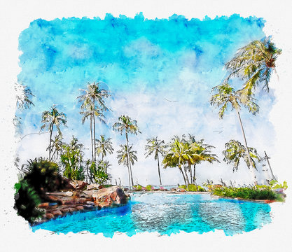 watercolor and illustration of tropical beach resort