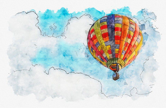 Watercolor painting illustration of Hot air balloon in the sky
