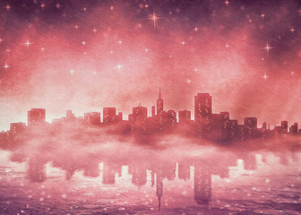Fototapeta premium San Francisco Illustration Art - the San Francisco skyline shrouded in fog with the night sky above.