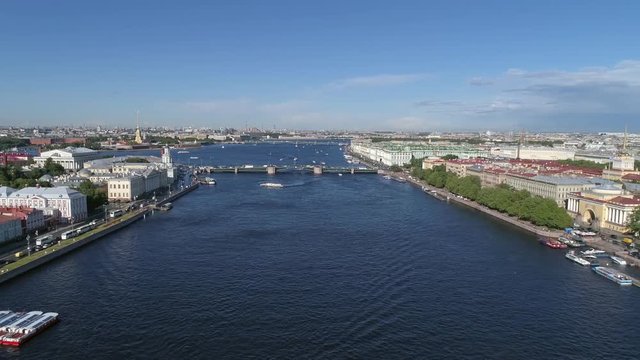 Flight over the Neva River in the city center of St. Petersburg, Russia, 4k