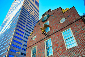 Boston downtown streets near Old State House at sunset