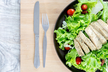 Top view Healthy and Clean Food mix fruit and vegetable ,Healthy eating mix of fresh vegetables salad topped on wooden table