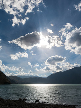 Sunset In Lake Of Yeso. Maipo Canyon. Santiago Of Chile Province, Chile.