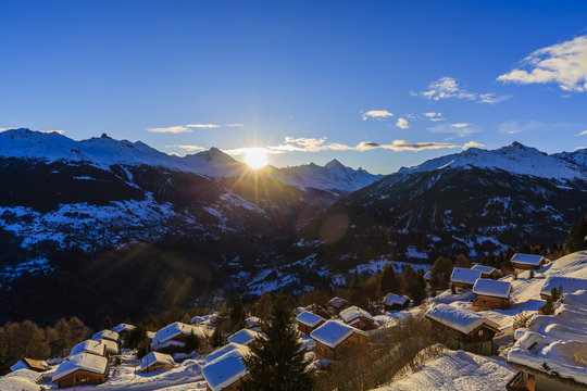Sunrise over Ski Resort of Thyon Les Collons,  in the Night, 4 valleys, Valais canton, Switzerland