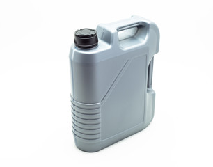 Grey, plastic motor oil container with a capacity of five liters. Isolated on a white background...