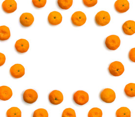 Fresh mandarin oranges on white background with space for text. Top view, flat lay