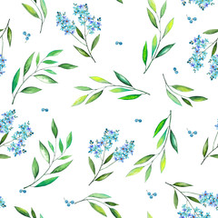handpainted watercolor pattern of twigs with blue flowers, green leaves and blue berries