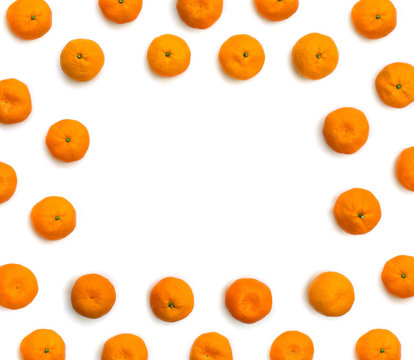 Fresh mandarin oranges on white background with space for text. Top view, flat lay