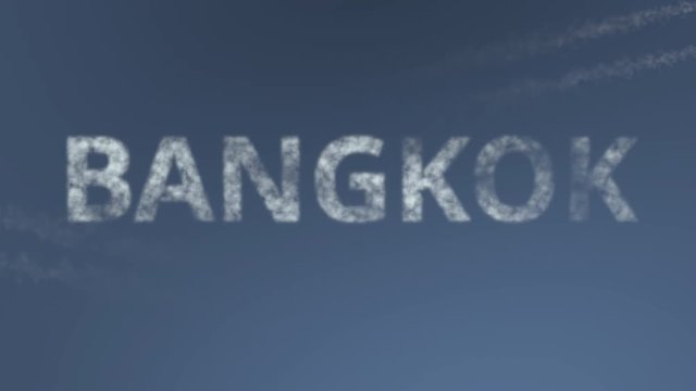 Flying airplanes reveal Bangkok caption. Traveling to Thailand conceptual intro animation