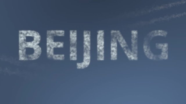 Flying airplanes reveal Beijing caption. Traveling to China conceptual intro animation