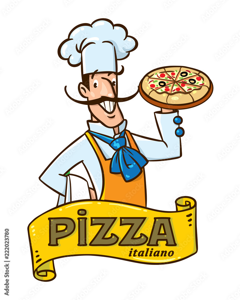 Canvas Prints Funny italian chef with pizza. Emblem design