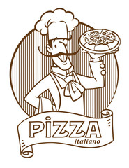 Funny italian chef with pizza. Emblem design