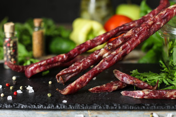 meat smoked jerky - raw meat sausage meat. food background. top view and copy space