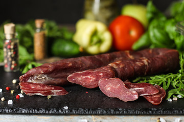 meat smoked jerky - raw meat sausage meat. food background. top view and copy space