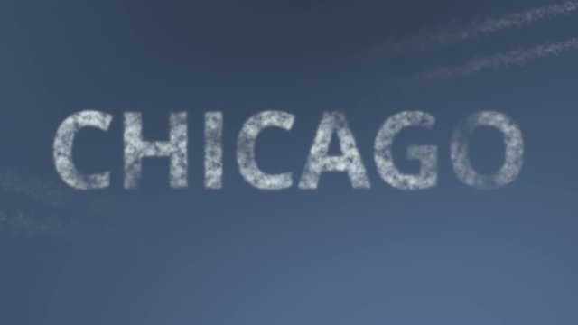 Flying airplanes reveal Chicago caption. Traveling to the United States conceptual intro animation