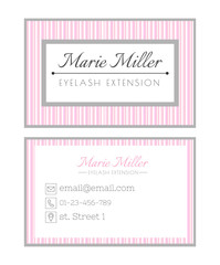 Business card template design for beauty salon. Services on eyelash extension. Pink striped layout