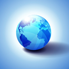 Europe, America, Africa Background with Globe Icon 3D illustration, Glossy, Shiny Sphere with Global Map in Subtle Blues giving a transparent feel.