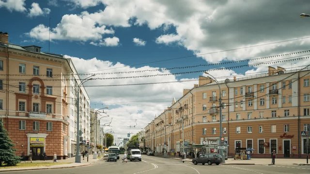 Gomel, Belarus - June 6, 2018: Lenin avenue street in sunny summer day