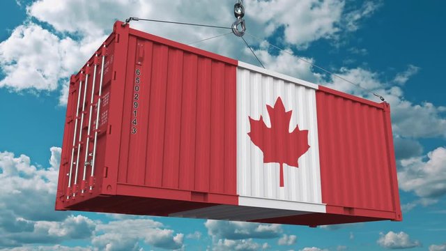 Cargo container with flag of Canada. Canadian import or export related conceptual 3D animation