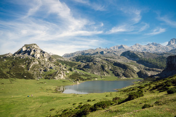 Fototapeta na wymiar summer mountain landscape inLake Ercina, in Covadonga lakes, Asturias, Spain