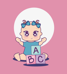 baby shower card with girl and alphabet blocks