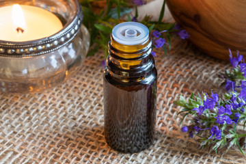 A bottle of hyssop essential oil with fresh blooming hyssop